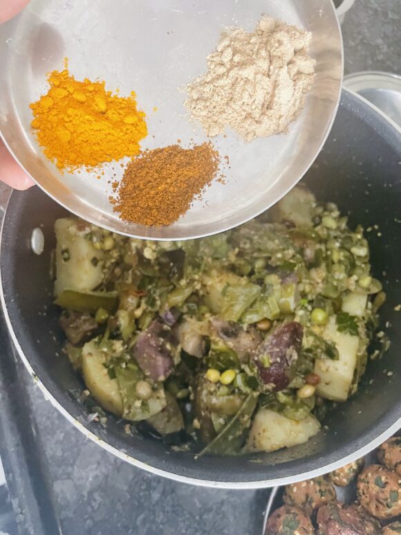 sprinkle 2 pinch of salt, turmeric powder, garam masala powder, and all (left out) stuffing