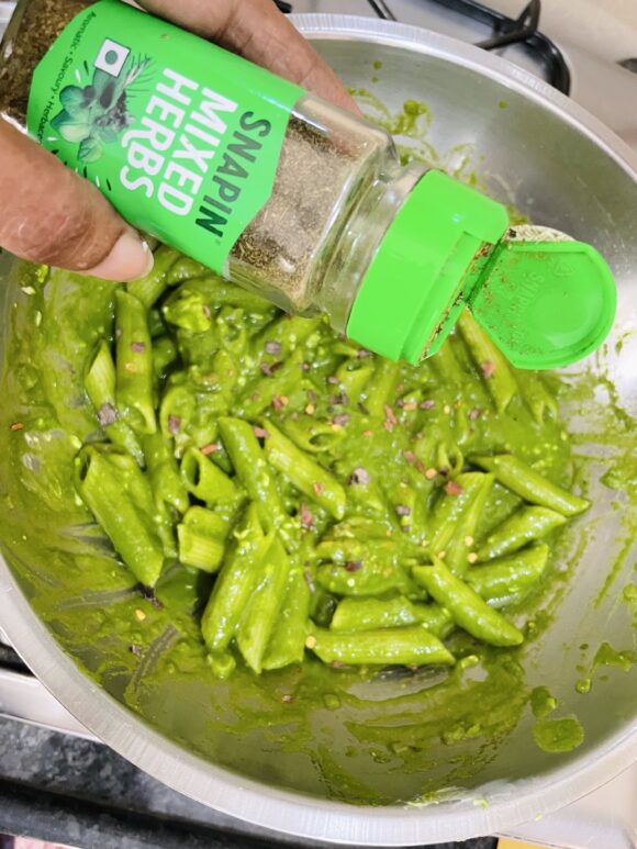 add chilli flakes, black pepper, mixed herbs and lemon juice