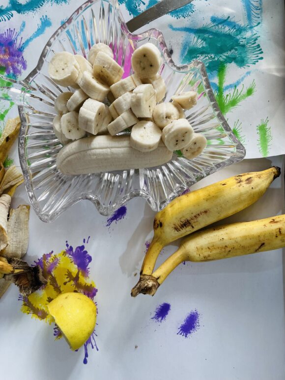 Peel off banana; chop into 3mm (approximately) slices