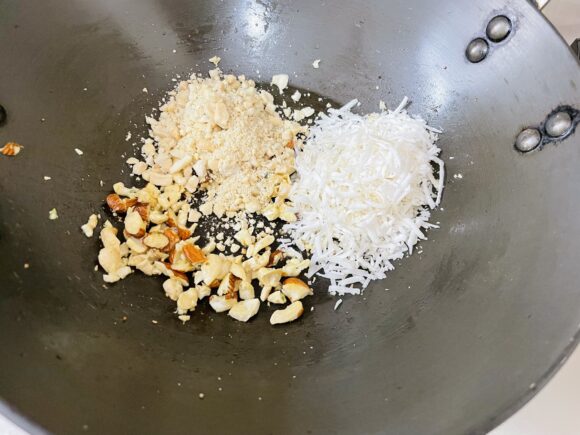 slightly roast almond, cashew nut and coconut,