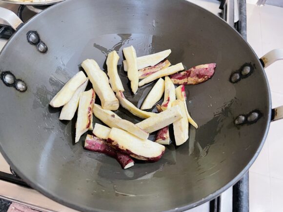 add sweet potatoes slices; stir fry for couple of minutes