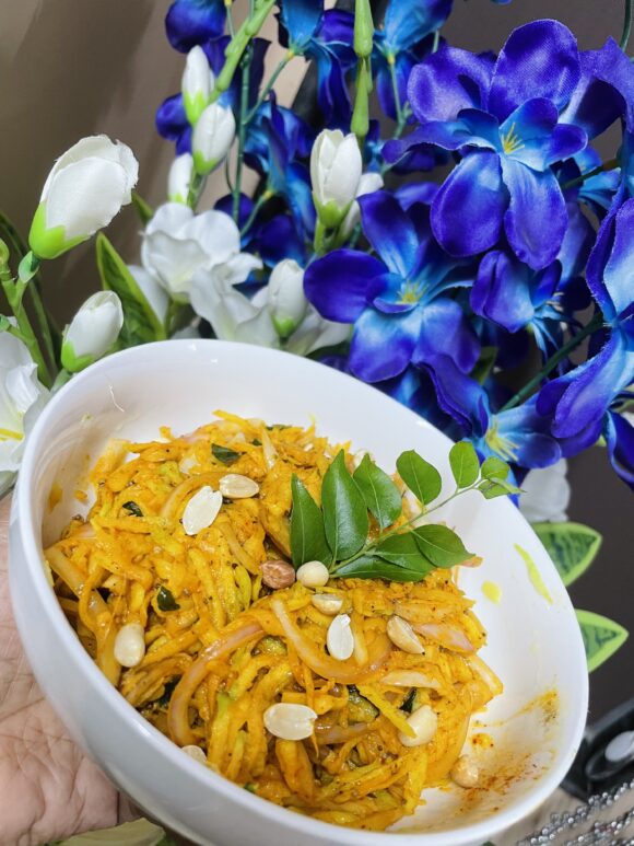 Crunchy ‘Kairi chi Koshimbir (Raw Mango Salad) is ready