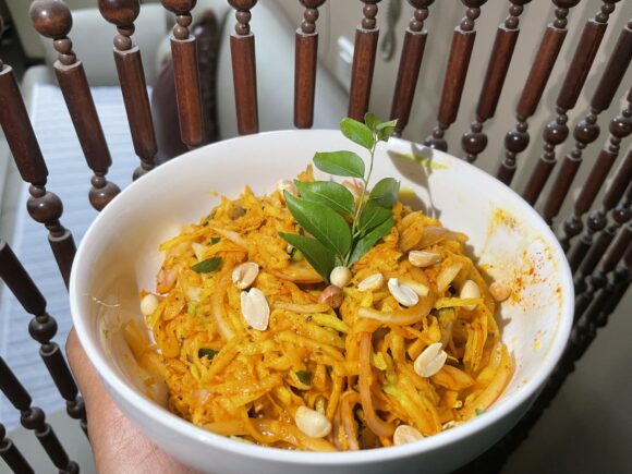 Crunchy ‘Kairi chi Koshimbir (Raw Mango Salad) is ready